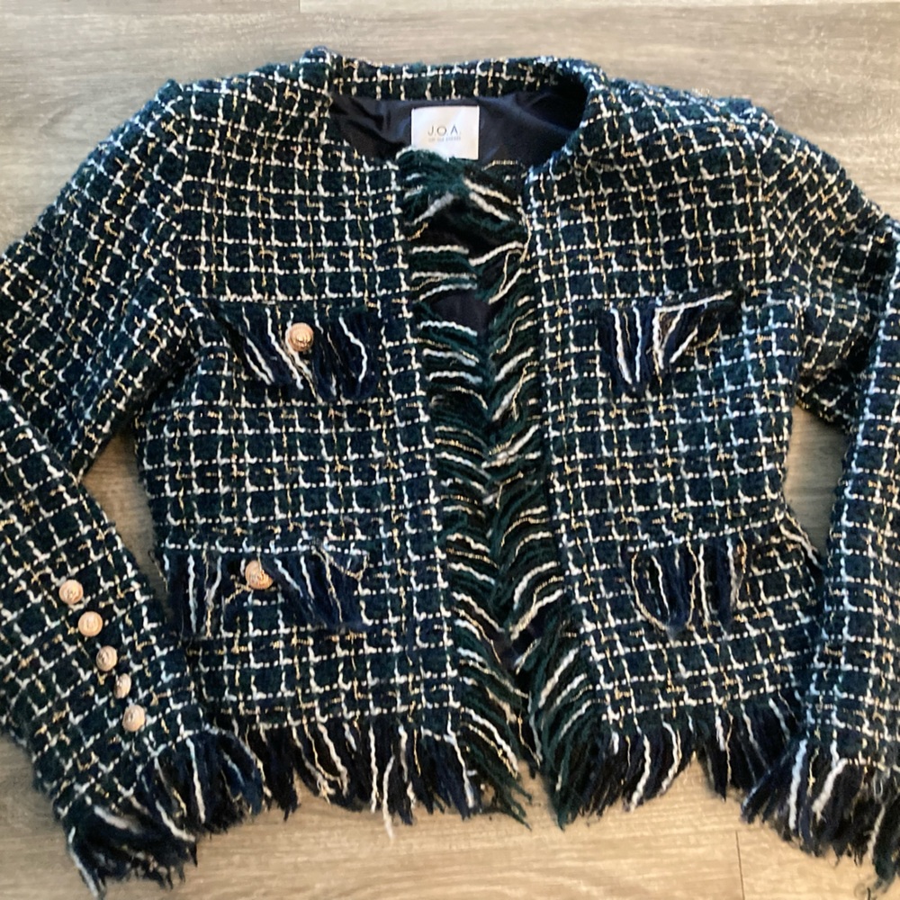 JOA tweed blazer jacket with gold piping and buttons